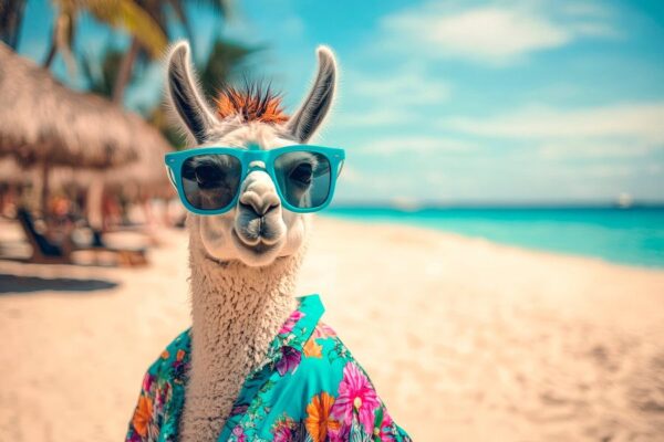 Lama am Strand mit Sonnenbrille