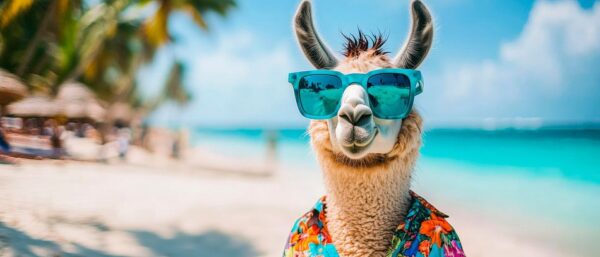 Lama am Strand mit Sonnenbrille