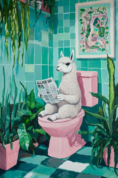 Lama auf der Toilette mit Zeitung