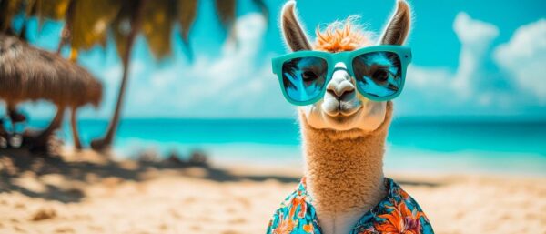 Lama entspannt am Strand mit Sonnenbrille