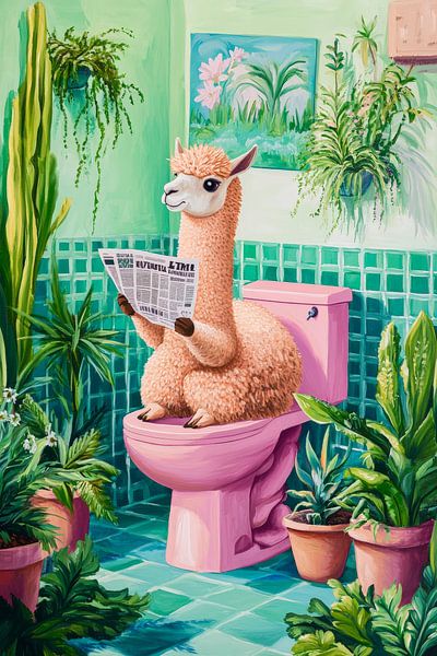 Lama im bunten Badezimmer relaxend