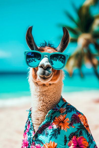 Lama im Hawaiihemd am Strand