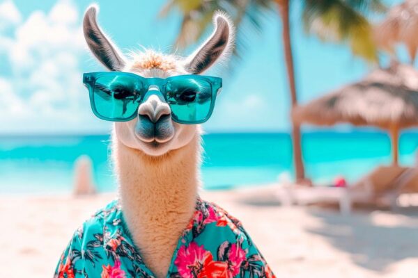 Lama in Sonnenbrille am Strand