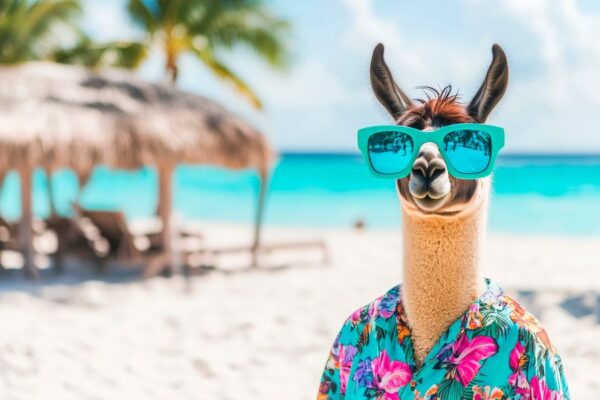 Lama in Sonnenbrille am Strand