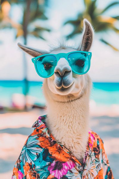 Lama mit Sonnenbrille am Strand