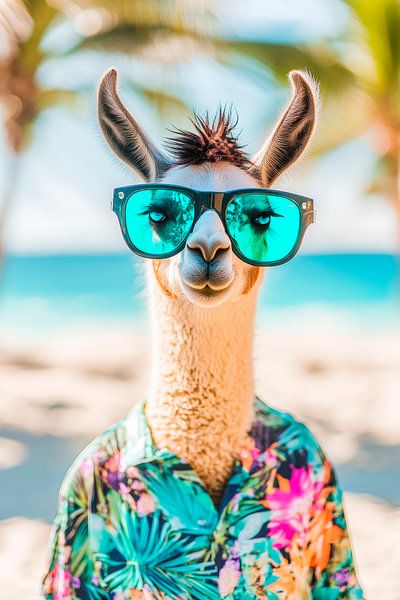 Lama mit Sonnenbrille am Strand