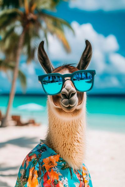 Lama mit Sonnenbrille am Strand