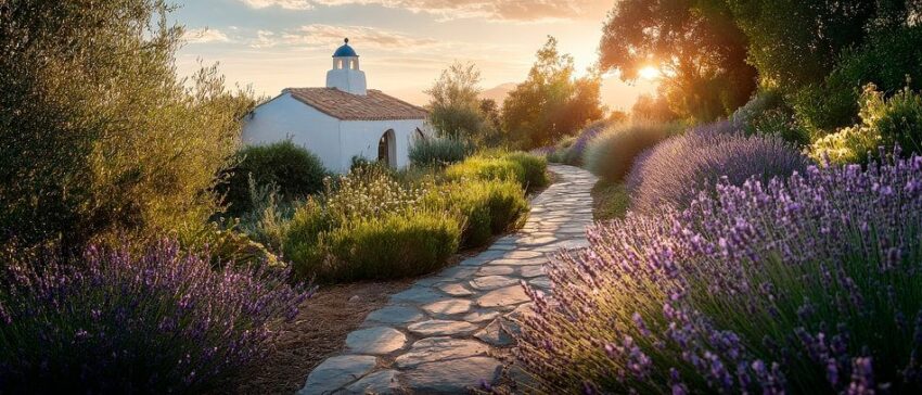 Landschaft mit Lavendel und Kirche