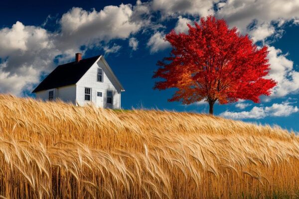 Landschaft mit rotem Baum und Haus