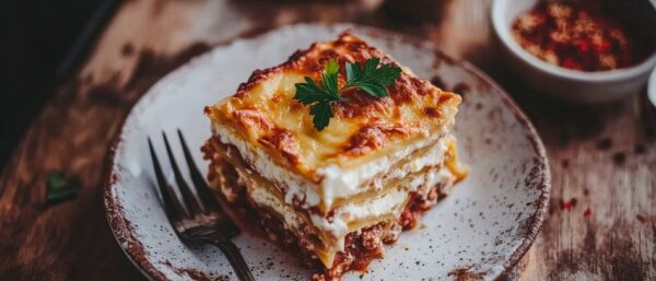 Leckere Lasagne auf rustikalem Teller