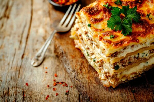 Leckere Lasagne auf rustikalem Tisch