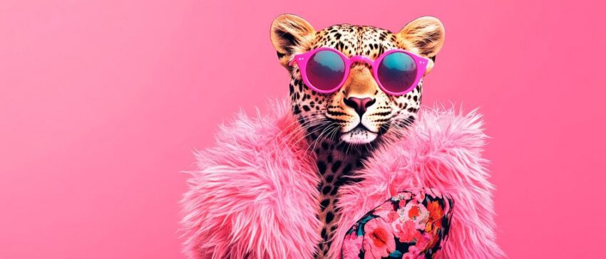 Leopard im bunten Outfit mit Sonnenbrille