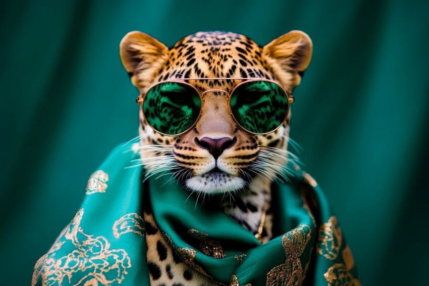 Leopard im modischen Outfit mit Sonnenbrille