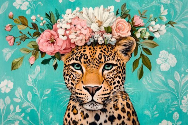 Leopard mit Blumenkopf auf Türkis