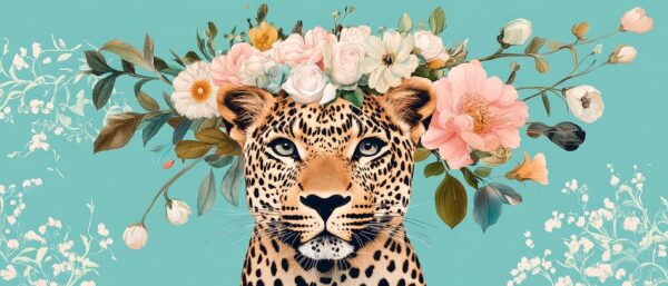 Leopard mit Blumenkranz auf Türkis