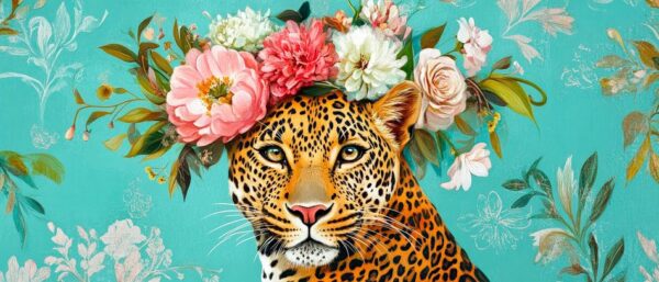 Leopard mit Blumenkranz im Portrait