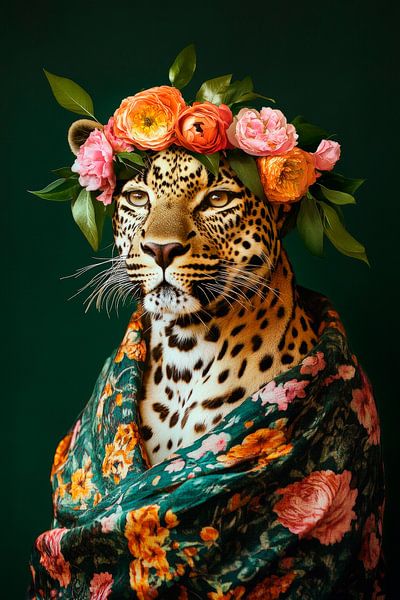 Leopard mit Blumenkranz und Tuch