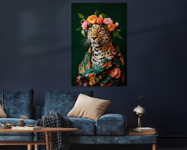 Leopard mit Blumenkranz und Tuch