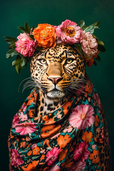 Leopard mit Blumenkranz und Tuch