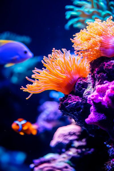 Leuchtende Korallen und Fische im Meer