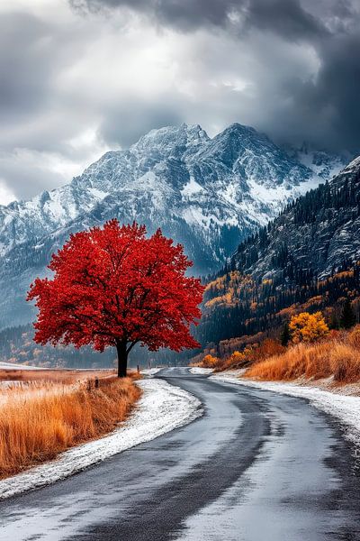 Leuchtender Baum in bergiger Landschaft