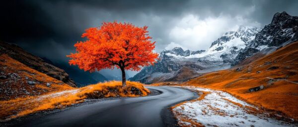 Leuchtender Baum in herbstlicher Landschaft