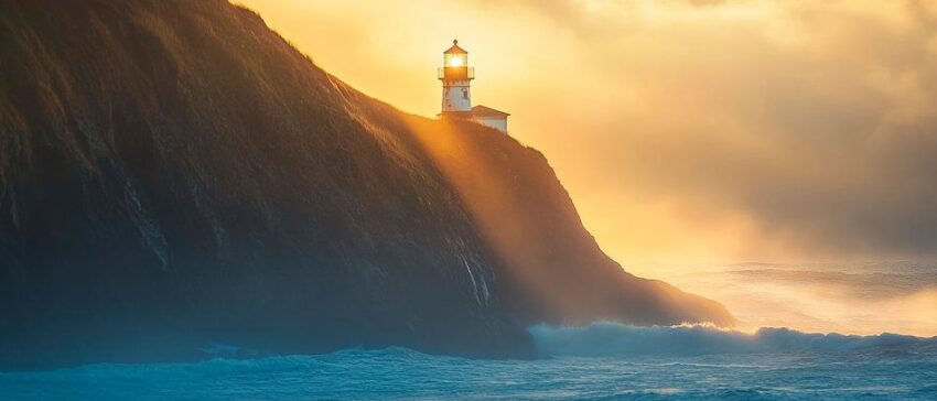 Leuchtturm im Sonnenuntergang am Meer