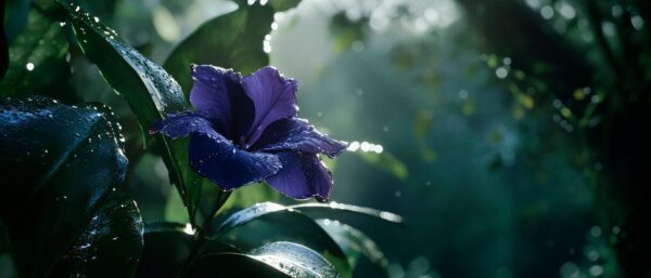 Lila Blüte im sanften Regenlicht