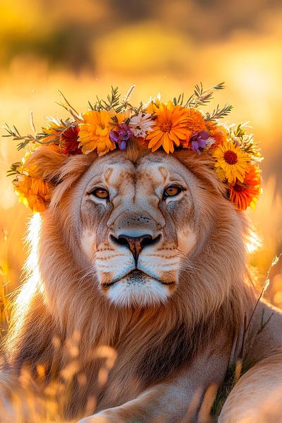 Löwe mit Blumenkranz in der Natur