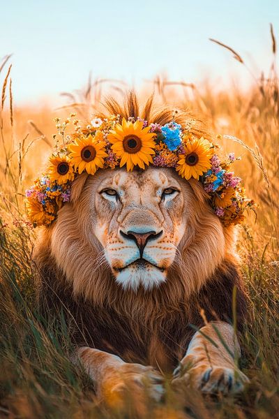 Löwe mit Blumenkranz in der Savanne