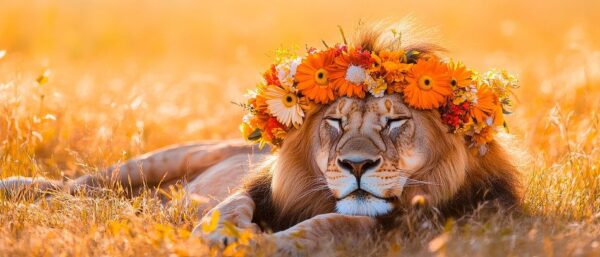 Löwe mit Blumenkrone im Sonnenlicht