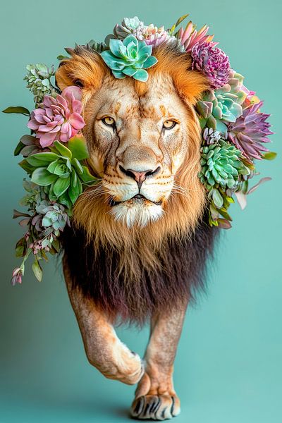 Löwe mit buntem Blumenkranz – Kreativ