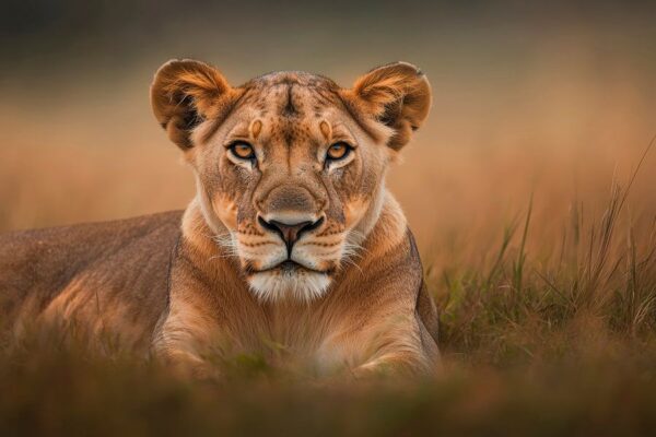 Löwin in der savannengelben Graslandschaft