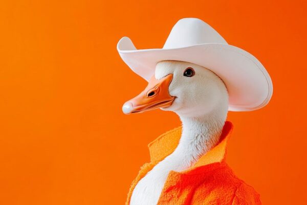 Lustige Gans im Cowboy-Hut und Jacke