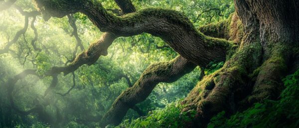 Mächtige Äste im grünen Waldlicht