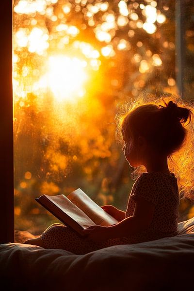 Mädchen liest im Sonnenlicht am Fenster