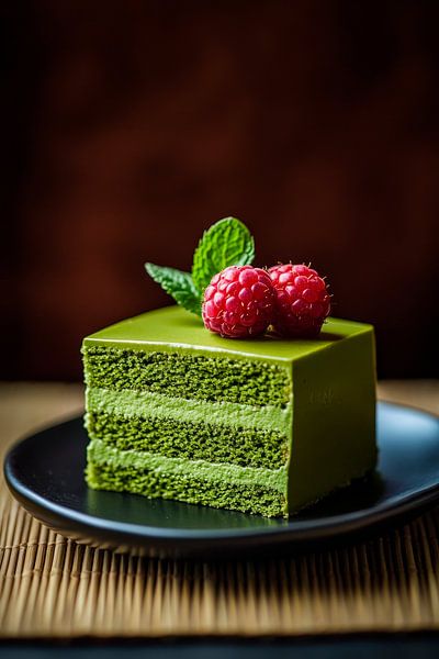 Matcha-Torte mit Himbeeren und Minze