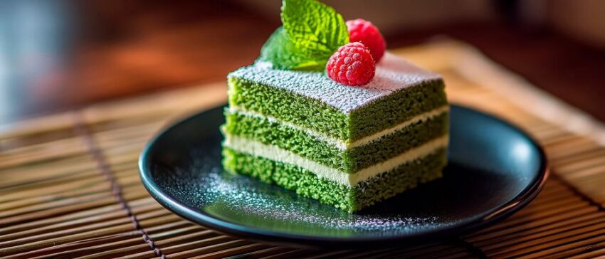 Matcha-Torte mit Himbeeren und Minze