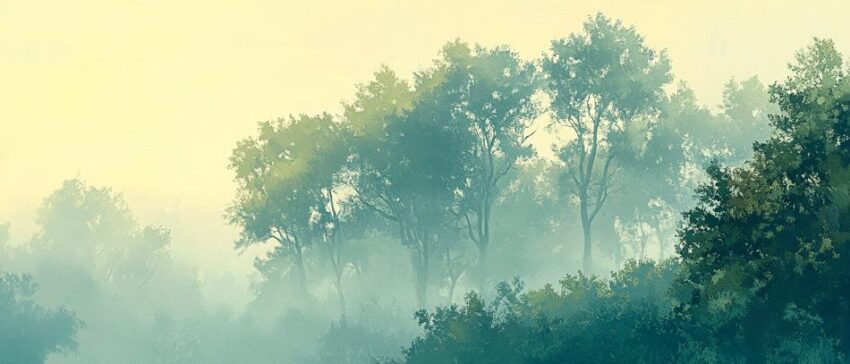 Morgendämmerung im nebligen Wald