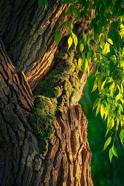 Mossbedeckte Baumrinde im Licht