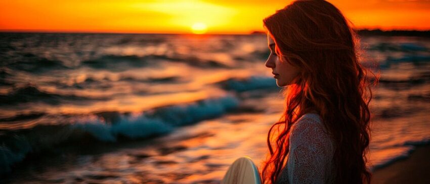 Nachdenkliche Frau am Strand bei Sonnenuntergang