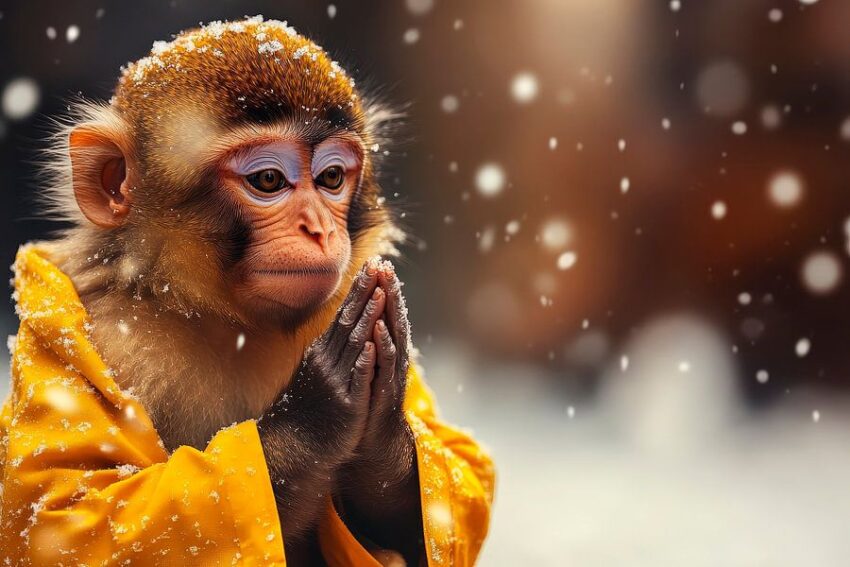 Nachdenklicher Affe im Schneefall