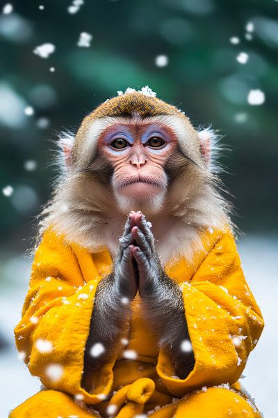 Nachdenklicher Affe im Schneefall