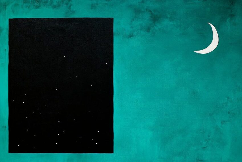 Nachthimmel mit schmalem Mond und Sternen
