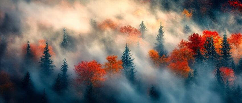 Nebeliger Wald im Herbstlicht