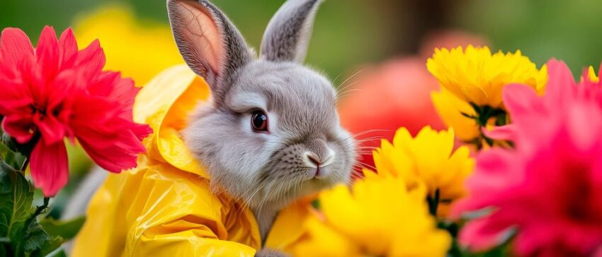 Niedlicher Hase in bunten Blumenwiesen