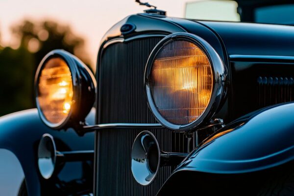 Oldtimer Motorhaube im Sonnenuntergang