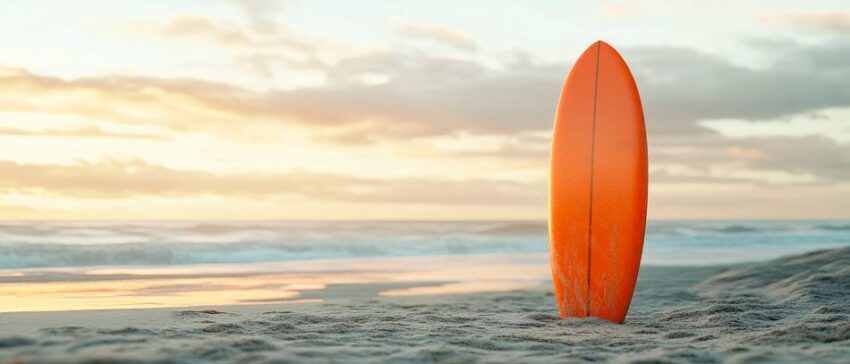 Orange Surfbrett am Strand bei Sonnenuntergang