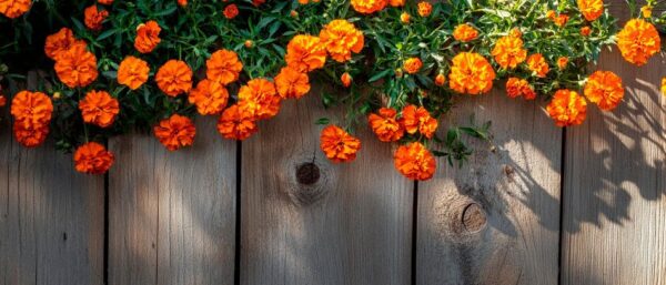 Orangefarbene Blumen vor Holzzaun