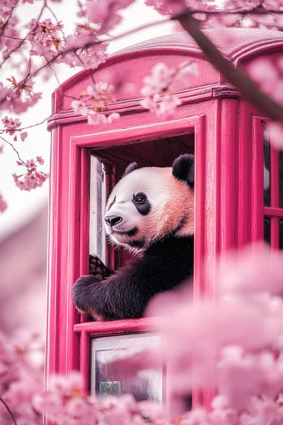 Panda in rosa Telefonzelle zwischen Blüten